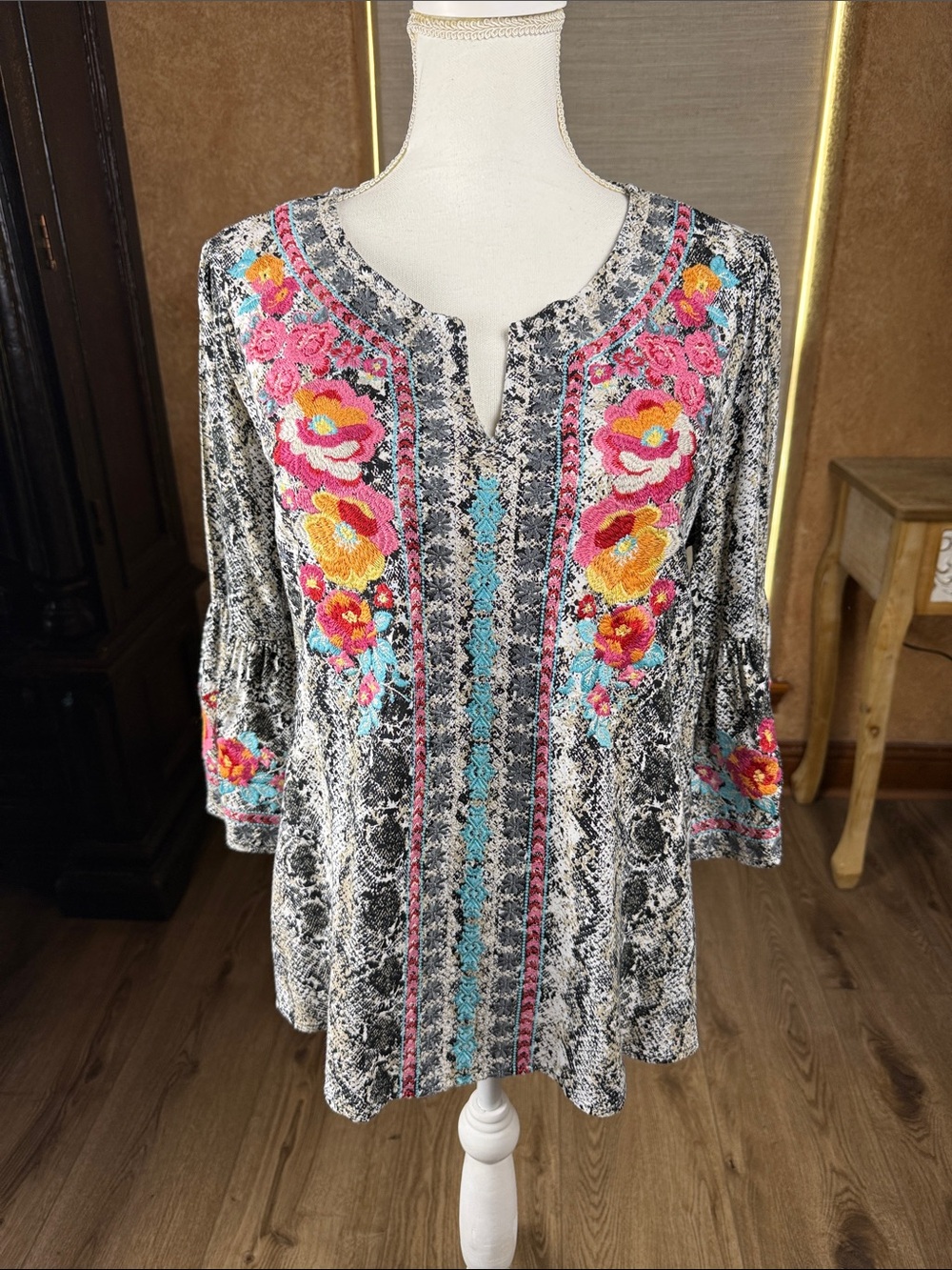 Savanna Jane Floral Embroidered Snake Print V-Neck Top 3/4 Bell Sleeves